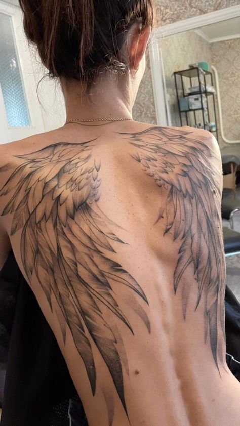 Line Work Angel Wings, Wings Tattoo Back Men, Full Back Wings Tattoo For Women, Tattered Wings Tattoo, Back Tattoos Goth, Back Tattoo Women Wing, Full Back Angel Wings Tattoo, Angel Wing Back Tattoo Women, Back Tattoo Wings Women