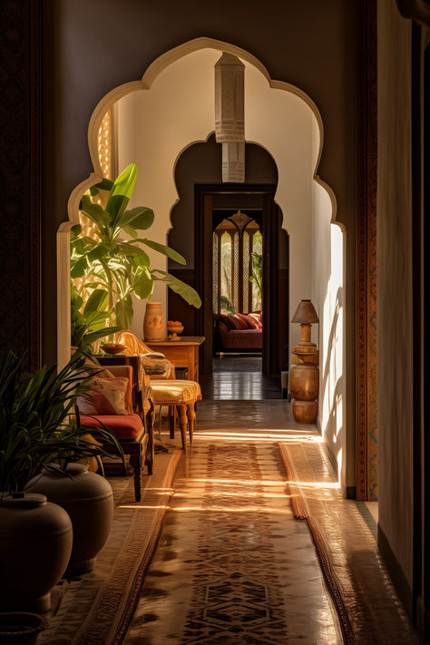 Embarking on Elegance: Discover the allure of Moroccan hallways, where tradition and elegance intertwine in a captivating design journey. Indian Modern House Interiors, Eastern House Design, Middle Eastern Inspired Decor, Middle Eastern Home Aesthetic, Interior Hallway Design, South East Asian Interior Design, Arabic Style Interior Design, Moorish Design Interiors, Moroccan House Aesthetic