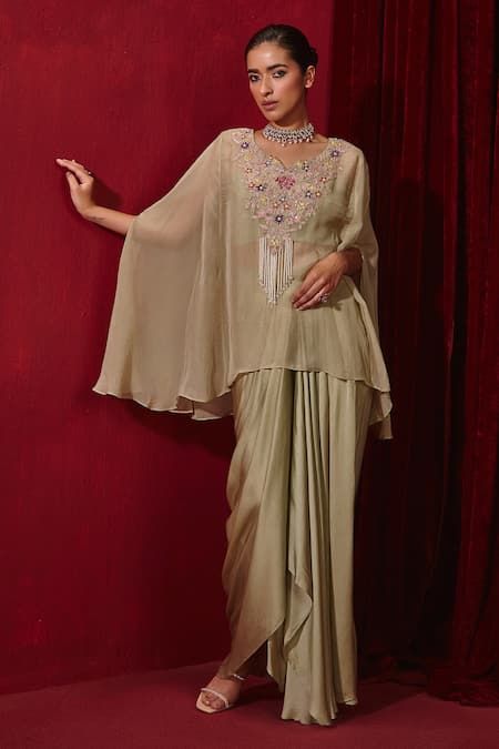 Buy Green Organza Embroidered Pearl Cape Notched Chahat Skirt Set For Women by Ajiesh Oberoi Online at Aza Fashions. Aza Fashion Outfits, Diwali Fits, Dhoti Dress, Pearl Cape, Dhoti Skirt, Organza Cape, Cape Skirt, Kaftan Design, Kaftan Designs