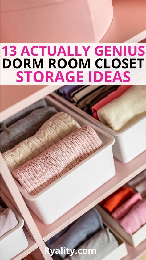 Omg I'm definitely trying these dorm storage ideas for my closet when I move in Room Closet Organization Ideas, Dorm Room Closet Organization, Room Closet Organization, Dorm Storage Ideas, Dorm Closet Organization, Dorm Room Closet, Clothes Organization Small Space, Closet Organization Hacks, Dorm Closet