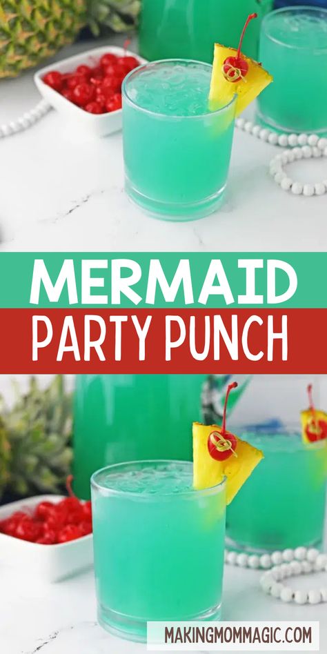 This delicious and easy Mermaid Punch is perfect for a mermaid themed party, pool party, and more! Mermaid Party Punch, Mermaid Jello, Mermaid Punch, Mermaid Punch For Kids, Mermaid Rum Punch, Mermaid Lotus Drink, Hawaiian Theme Party Food, Mermaid Water Cocktail, Pool Party Punch