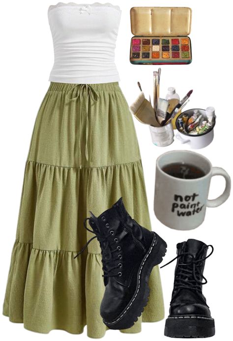 I love the long skirts in fashion they are so pretty! #skirt #art #drmartens Skirt Doc Martens Outfit, Art Girl Outfit, Doc Marten Boots, Yellow Maxi Skirts, Long Green Skirt, Doc Martens Outfit, Vans Outfit, Doc Marten, Long Skirts