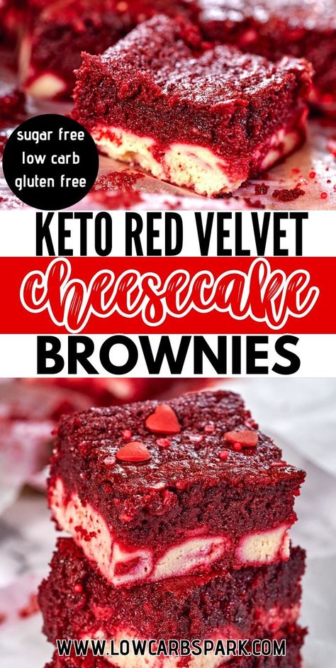 Bake these quick and easy Keto Red Velvet Cheesecake Brownies that are perfect for sharing the love and ready in 30 minutes. They're moist, fudgy, and have a delicious cheesecake layer. Simple to make and sure to please! Keto Red Velvet Brownies, Swirled Brownies, Decadent Brownies, Red Velvet Cheesecake Brownies, Cheesecake Swirl Brownies, Red Velvet Brownies, Cheesecake Brownie, Avocado Brownies, Low Carb Brownies