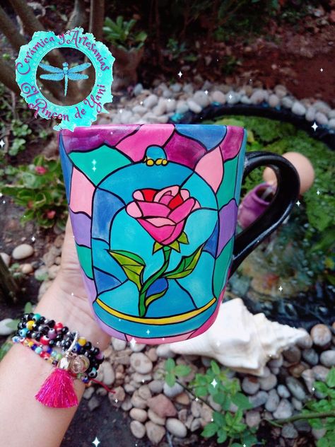 Disney Mug Painting Ideas, Beauty And The Beast Diy, Christian Drawings, Plant Pot Design, Diy Pottery Painting, Painted Pots Diy, Painted Plant Pots, Disney Mugs, Hand Painted Mugs