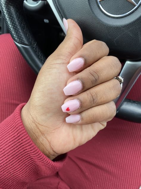 Coffin Small Nails, Valentine’s Day Nails Coffin Short, Valentines Day Nails Pink With Red Heart, Small Design On Nails, Valentines Nails Short Coffin, Small Pink Heart Nails, Pink Nails With White Heart On Ring Finger, Pink Heart On Nails, Valentines Day Nails Heart On Ring Finger