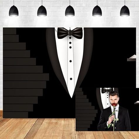 Amazon.com : OERJU Black Gentleman Tuxedo Backdrop Black Tuxedo Suit Bow Tie White Shirts Photography Background for Father's Day Men Adults Birthday Party Banner Art Portraits Photo Props 10x7ft : Electronics Men In Black Aesthetic, Tuxedo Backdrop, Masculine Birthday Party, Masculine Party, Shirts Photography, Suit Bow Tie, Bond Party, 50th Birthday Party Games, Black Tuxedo Suit