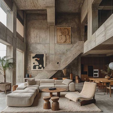 Brutalist Architecture House Interior, Brutalist Industrial Design, Brutalist House Interior Design, Brutalist Home Decor, Modern Tulum Interior Design, Brutalist Style Interior, Modern Brutalist Interior Design, Organic Brutalism Interior, Industrial House Interior Design