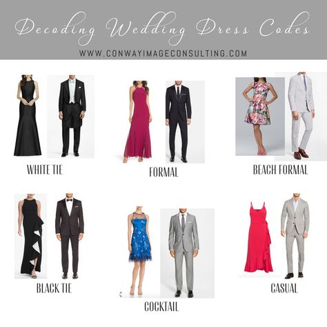 Decoding Wedding Dress Codes Guide Dress Code Guide, Wedding Dress Code, Cocktail Attire For Women, Party Dress Codes, Black Tie Dress Code, Casual Wedding Attire, Wedding Dress Types, Formal Dress Code, Dress Code Wedding