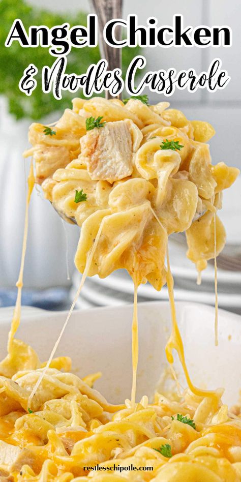 Creamy, cheesy angel chicken and noodles casserole has been leveled up with the addition of <span class="wprm-glossary-term wprm-glossary-term-43810 wprm-tooltip" data-tooltip="high fat dairy product/ also to beat one or more ingredients, usually margarine or butter, sugar, and/or eggs, until the mixture is smooth and fluffy.">cream</span> cheese, garlic, and delicious Italian flavors. If you love my crockpot angel chicken you've gotta try this recipe! Cream Chicken And Noodles, Chicken Egg Noodle Casserole Recipes, Chicken Divan Casserole With Noodles, Chicken Noodles Cream Of Chicken, Cheesy Chicken And Noodle Casserole, Chicken And Egg Noodle Casserole, Angel Noodle Recipe, Chicken Butter Noodles, Cafeteria Noodles With Cream Of Chicken