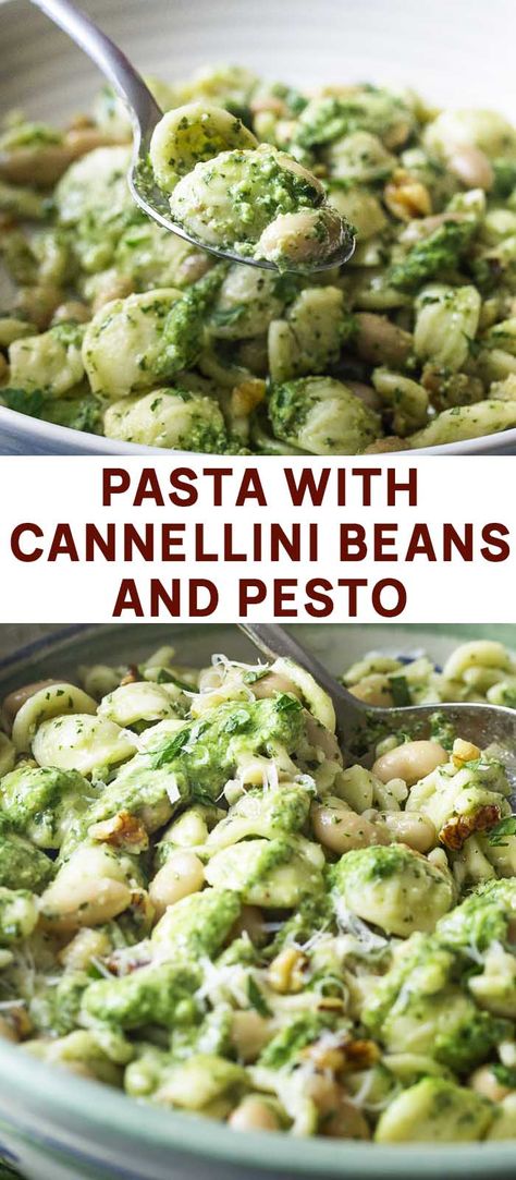 Vegetarian Pesto Pasta, Pesto Noodles, Fast Vegetarian Dinner, Pasta With White Beans, Vegetarian Pesto, Bean Pasta Recipes, Pasta Pesto, Pesto Pasta Recipes, Bean Pasta