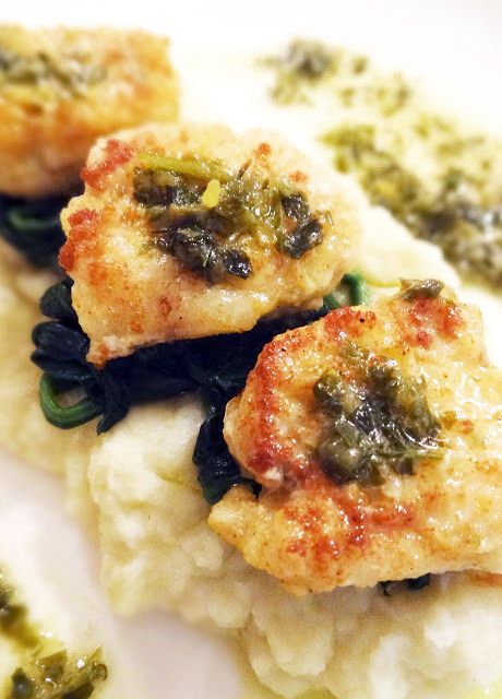 Scrumpdillyicious: Pan Fried Monkfish with Lemon Caper Butter Sauce Lemon Caper Butter Sauce, Caper Butter Sauce, Poor Man's Lobster, Monkfish Recipes, Caper Butter, Cauliflower Puree, Wilted Spinach, Fish Dinner, Butter Sauce