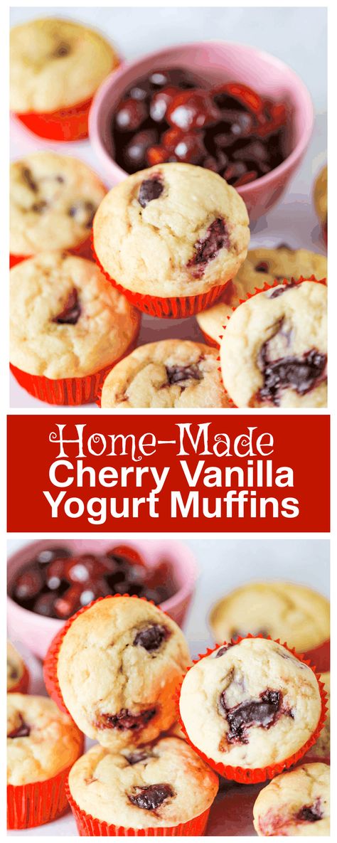 Cherry Vanilla Yogurt Muffins Sour Cherry Muffins, Cherry Bread Recipe, Strawberry Yogurt Cake, Yogurt Banana Bread, Easy Homemade Biscuits, Greek Yogurt Muffins, Cherry Bread, Cherry Muffins, Applesauce Muffins