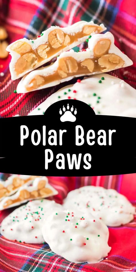 Polar bear paws candy is a delicious combination of buttery caramel and salty peanuts coated in sweet white chocolate-- absolutely heavenly! White Bark Candy Holiday Treats, White Chocolate Christmas Candy, White Chocolate Candy Recipes, Christmas Candy And Treats, Christmas Candies And Treats, Polar Bear Paws, Cornflake Candy, Sees Candy, White Christmas Candy