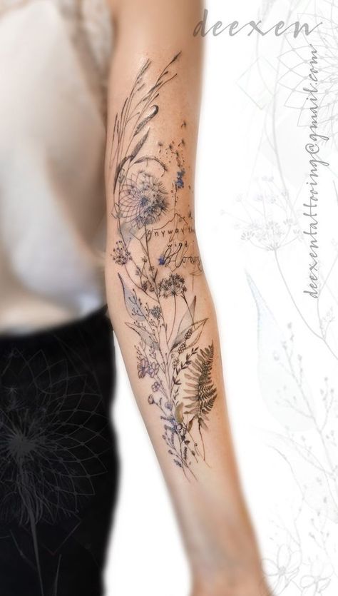 Soft Sleeve Tattoos For Women, Fine Line Wildflower Tattoo Sleeve, Dainty Sleeves Tattoos, Boho Forearm Tattoo Women, Medium Women Tattoos, Tattoo Add Ons Ideas Half Sleeves, Wildflower Forearm Tattoo Women, Sleeve Tattoos For Women Nature, Nature Half Sleeve Tattoo For Women