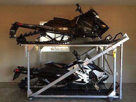 Snowmobile/ATV Storage Lift | Freestyle Projects Snowmobile Storage Rack, Snowmobile Storage, Snowmobile Lift, Atv Storage, Snow Cabin, Carport Garage, Cargo Container, Cabin Ideas, Garage Storage