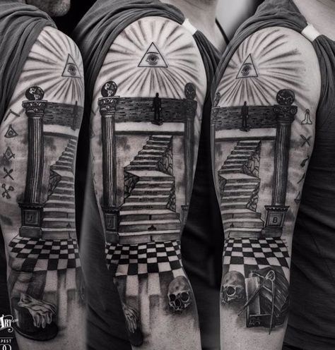 Freemasonry Tattoo, Masonic Tattoos Freemasonry, Staircase Tattoo, Freemason Tattoo, Modern Italian Farmhouse, Templar Knight Tattoo, Masonic Tattoos, Revival Tattoo, Tattoo Catalog