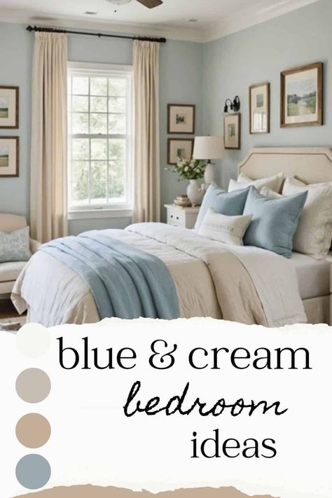 Serenity in Sleep: Luxe Blue and Cream Bedroom Ideas - West Magnolia Charm Blue Cream Bedroom, Blue And Cream Bedroom Ideas, Guest Bedroom Paint Ideas, Cream Bedroom Decor, Pale Blue Bedrooms, Blue And Cream Bedroom, Cream Bedroom Ideas, Light Blue Bedroom, Cream Bedroom