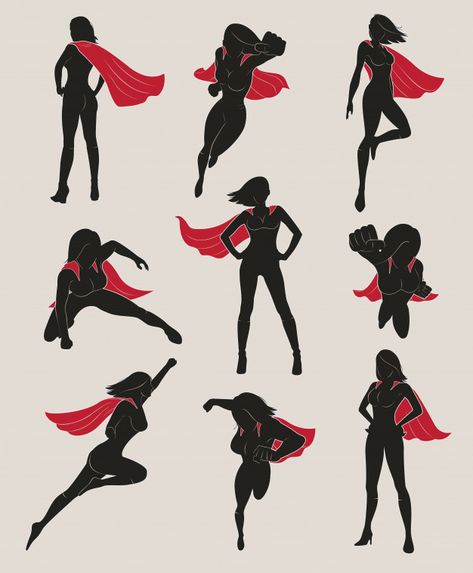 Set of female superhero Premium Vector Superhero Cartoon, Drawing Superheroes, Action Pose Reference, Female Superhero, Star Wars Comics, Superhero Characters, Girl Superhero, Character Poses, Figure Drawing Reference