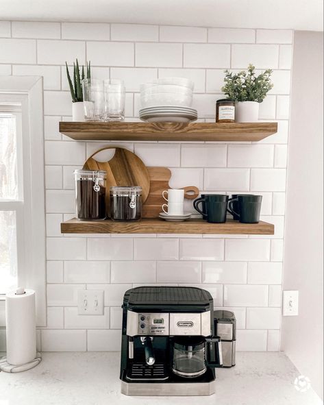 Coffee Bar Floating Shelves, Bar Floating Shelves, Bar With Floating Shelves, Kitchen Open Shelving Ideas, Open Shelving Kitchen, Shelving Kitchen, Kitchen Floating Shelves, Floating Shelves Kitchen, Liquor Bar