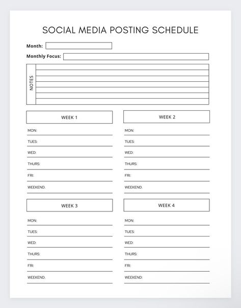 This social media planner allows you to plan and schedule your posts each week for an entire month. Never again be unsure of posts that you will make again this planner allows you the space to make room for all of your schedule plans or ideas. You can even include collaborations or brand deals that you may have also.  This planner makes sure you can organise all of your posts weekly.Never forget important information, key posts of dates again. Keep all of your social media accounts in order easily. Social Media Schedule,Social Media Planner,Social Media Tracker,Instagram Planner,Instagram Tracker,Content Creation,Social Media Planning Instagram Planner Template, Planning Organisation, Comunity Manager, Social Media Tracker, Canva Planner, Social Media Marketing Planner, Social Media Content Planner, Brand Deals, Social Media Posting Schedule