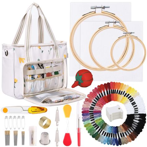 PRICES MAY VARY. ★【Package Included】- Our full range embroidery and cross stitch starter kit includes 62 skeins embroidery floss, 3 different size embroidery hoops. 30pcs of 3 size embroidery needles, 4pcs cross stitch needle-threading tools, 2pcs metal sewing thimbles, 1pcs scissors, 1pcs untwist tool, 5pcs safety pin, 1pcs pincushion, 12pcs paper floss bobbins, 2pcs 14 count aida cloth. This will be a complete embroidery kit for beginners and experienced embroiderers. ★【Embroidery Project Bag Cross Stitch Storage, Floss Bobbins, Bag With Embroidery, Cloth Embroidery, Embroidery Stitching, Embroidery Tools, Aida Cloth, Xmas List, Cross Stitch Needles