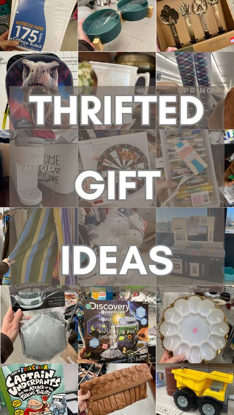 I'm sharing thrifted gift ideas for everyone on your list! Kids, teens, parents, drinkers, newlyweds, pet owners, crafters, gardeners, etc. You can truly find everything at the #thriftstore Let's normalize #thriftedgifts Thrift Gift Basket Ideas, Gifts For Thrifters, Thrifty Gift Ideas, Thrift Store Gift Basket, Goodwill Gift Ideas, Thrift Flip Gifts, Thrift Gift Basket, Thrifted And Gifted, Thrifted Gift Basket Ideas