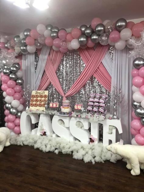 Photo Wall Sweet 16, Pink And Silver Birthday Party Ideas, Sweet 16 Pink Decor, Pink And Bling Party, Sweet 13 Birthday Party Ideas Decoration, Pink Sneaker Ball Party, Sweet 16 Gift Table, Pink And Silver Baby Shower Ideas, Sweet 16 Airbnb Ideas