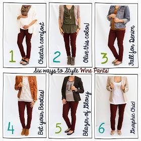 Tutor My Style: Six Ways to Style! {Wine Pants!} Wine Colored Pants Outfit Work, What To Wear With Wine Colored Pants, Wine Red Pants Outfit, How To Style Burgundy Pants, Wine Pants Outfit, Maroon Pants Outfit Work, Wine Colored Pants Outfit, Burgundy Pants Outfit Work, Wine Colored Clothes