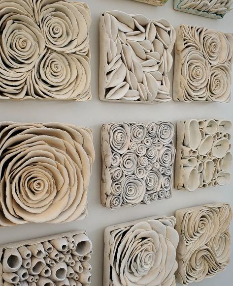 A grouping of some handmade ceramic tiles! #whpsquares #ceramic #ceramics #canadianartist #clay #canadianartists #canadianceramics #maker… | Instagram Ceramic On Canvas Wall Art, Clay Art On Wall, Clay Tiles Designs, Clay Tile Art, Clay Relief Tiles, Ceramic Relief Tiles, Toilet Paper Roll Snowflakes, Paper Roll Snowflakes, Clay On Canvas