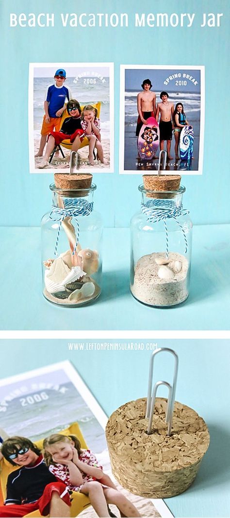 Add a little sand and some small shells or mementos to small bottles or jars to make this cute keepsake. Top with vacation photo to make it extra special. Beach Memory Jars, Memory Jars, Memory Jar, Vacation Photo, Sand Crafts, Vacation Memories, Beach Crafts, Seashell Crafts, Small Bottles