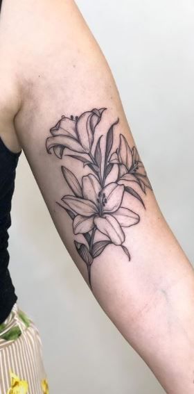 Black Lillies Tattoo, Sleeve Addition Tattoo, Lily Arm Band Tattoo, Wood Lily Tattoo, Lily Bicep Tattoo, Wild Lily Tattoo, Lilies And Roses Tattoo, Lily Flower Outline Tattoo, Moon Lily Tattoo