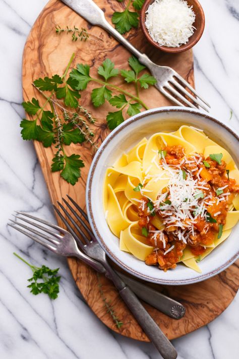 Pumpkin Bolognese with Pappardelle Pasta Parpadelle Pasta, Pappardelle Bolognese, Pork Ragu, Pappardelle Pasta, Savory Pumpkin Recipes, Italian Meats, Fall Dinner, Restaurant Recipes, Pumpkin Recipes