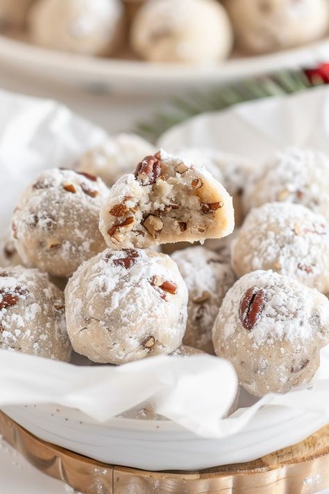 Pecan Snowball Cookies Pecan Snowball Cookies Christmas, Butter Pecan Snowball Cookies, Snowball Cookies With Walnuts Recipe, Sweetened Condensed Milk Snow Ball Cookies, Snow Ball Cookies, Christmas Snowball Cookies, Snowball Christmas Cookies, Yule Traditions, Pecan Snowballs