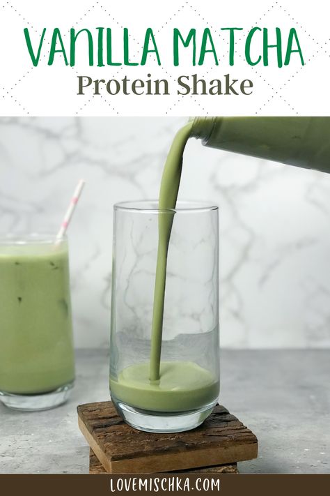 Creamy, bright green matcha protein shake is poured into a tall glass from a portable blender. Another tall glass, full of bright green matcha protein shake, sits behind it, with a white and pink polka dot, paper straw. Protien Smoothies Recipes Matcha, Matcha Protein Powder Recipes, Collagen Shake Recipe, Macha Green Tea Protein Shake, Avocado Protein Shake, Protein Shake Vanilla Powder, Homemade Matcha Powder, Matcha Collagen Smoothie, Green Tea Protein Shake