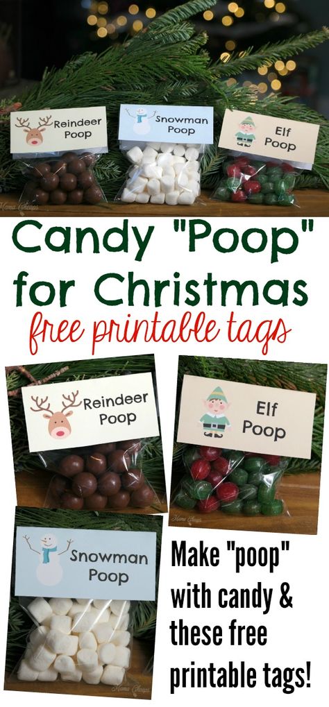 Candy "Poop" for Christmas!! Get the printables here: https://www.mamacheaps.com/2017/12/funny-christmas-poop-candy-printable-tags.html Reindeer Poop Printable Free, Snowman Poop Recipe, Funny Christmas Tags, Snowman Poop, Reindeer Poop, Tin Crafts, Christmas Snack, Stocking Ideas, Holidays Ideas