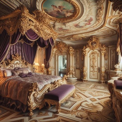 Rococo style bedroom in gold and purple. Created in microsoft bing. French Baroque Bedroom, Rococo Wallpaper Desktop, 1700s Bedroom, Baroque Bedroom Aesthetic, Rococo Room Decor, Purple Victorian Bedroom, Baroque Bedroom Ideas, Royalcore Bedroom, Fantasy Royal Bedroom