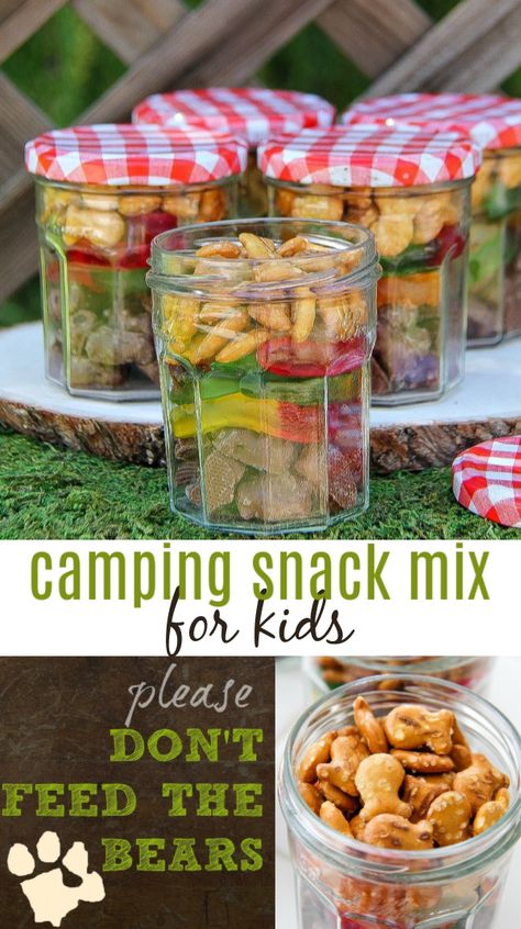 Happy Campers Snack Mix - Tonya Staab #picnic #camping #kidsnacks Dont Feed The Bears, Camp Snacks, Outdoor Movie Night, Snack Station, Camping Snacks, Camp Food, Easy Camping Meals, Snack Jars, Camping Recipes