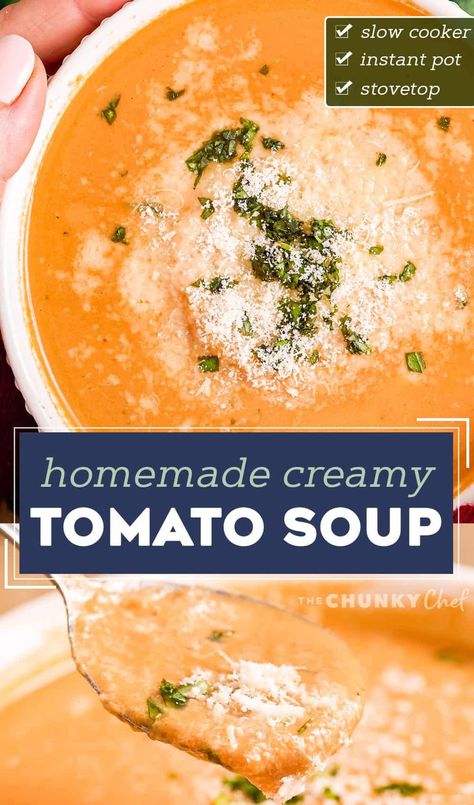 Homemade Creamy Tomato Soup, Crockpot Tomato Soup, Slow Cooker Tomato Soup, Tomato Bisque Soup, Tomato Basil Soup Recipe, Soup Tomato, The Chunky Chef, Creamy Tomato Basil Soup, Chunky Chef