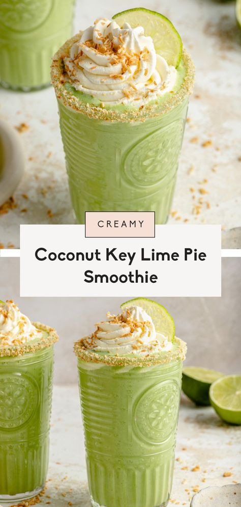 Creamy coconut key lime pie smoothie made with simple ingredients and luscious hints of coconut. This incredible key lime pie smoothie recipe tastes just like a slice of your favorite dessert but is packed with protein and a boost of sneaky veggies! Enjoy the perfect breakfast, snack or even healthy dessert. #smoothie #keylimepie #coconut #healthybreakfast #healthydessert #healthysnack Key Lime Pie Smoothie, Sneaky Veggies, Key Lime Yogurt, Creamy Key Lime Pie, Ambitious Kitchen, Dessert Smoothie, Walmart Photos, Dairy Free Yogurt, Smoothie Packs