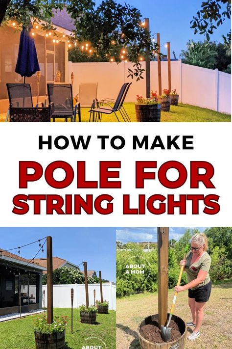 Enhance your patio with a DIY planter pole for string lights. Illuminate your evenings in style with this charming addition. Diy Planter Poles For Lights, Diy Outside Lighting Ideas, Flower Pot With Pole For Lights, Planters For Light Poles, Diy Flower Pot Light Post, Diy Patio Light Poles Pots & Planters, Patio Light Poles Diy, String Light Poles Patio Planter, Patio Planters With Lights