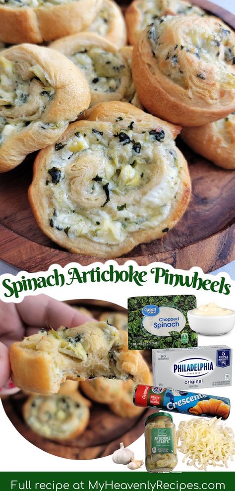 Spinach Artichoke Dip Christmas, Appetizers New Years Eve, Spinach Artichoke Pinwheels, Artichoke Pinwheels, Hot Spinach Artichoke Dip, New Years Eve Snacks, Crescent Roll Appetizers, One Little Project, My Heavenly Recipes