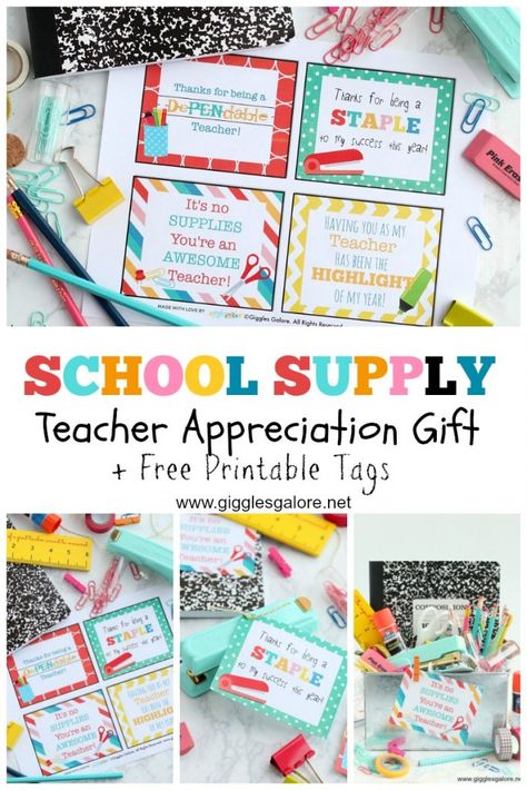 School supply teacher appreciation gift printable tags giggles galore Teacher Appreciation School Supplies, Gift Ideas For Office Staff, Teacher Supplies Gift, Teacher Appreciation Notes, Essential School Supplies, Free Teacher Appreciation Printables, Supply Teacher, Teacher Appreciation Gifts Printables, Free School Supplies