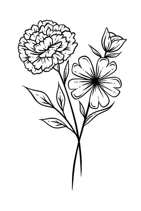 Custom Birth Month Bouquet Tattoo Drawing Please Read | Etsy Marigold And Cosmos Flower Drawing, January And October Birth Flower Tattoo, Chrysanthemum And Cosmos Tattoo, February And October Birth Flower Tattoo, November And October Flower Tattoo, November And February Flower Tattoo, Morning Glory And Cosmos Tattoo, January Birth Flower Drawing, Marigold And Violet Flower Tattoo