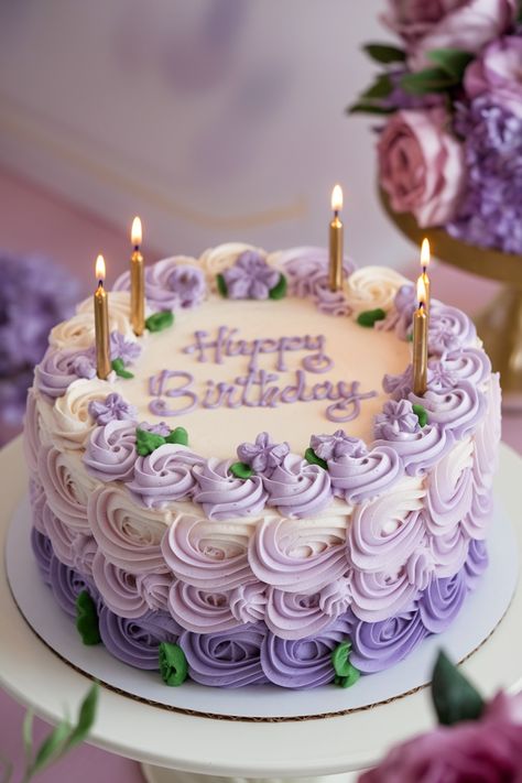 Purple Rosette Birthday Cake with Buttercream Flowers Purple And Gold Cakes, Lilac Cake Ideas, Purple Birthday Cake Aesthetic, Beautiful Birthday Cakes For Women Ideas, Birthday Cake Aesthetic Purple, Purple And White Birthday Cake, Floral Cake Design Birthday, Purple Cake Designs, Rosette Cake Ideas