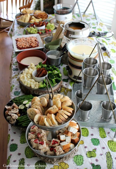 Fondue Party - Garden Seeds and Honey Bees Brunch Fondue Ideas, Winter Fondue Party, Fondue Birthday Party Ideas, Fondue Birthday Party, Nye Fondue Party, Fondue Set Up Ideas, Fondu Party Ideas, Bridal Shower Fondue Bar, New Years Fondue