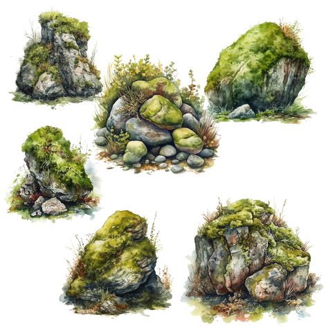 How To Draw Moss On Rocks, Mossy Stone, Rock Fence, Mossy Rocks, Grass Drawing, Drawing Rocks, Landscape Design Drawings, Rock Textures, Tree Sketches