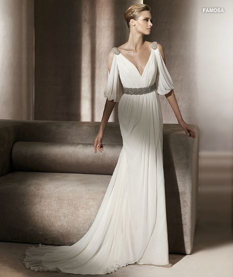 Pronovias 2012 Fashion Collection Famosa Greek Style Wedding Dress, Grecian Style Wedding Dress, Formal Gowns Evening Dresses, Half Sleeve Wedding Dress, Grecian Wedding, Wedding Dress 2013, Pronovias Wedding Dress, Roman Style, Ruffle Wedding Dress