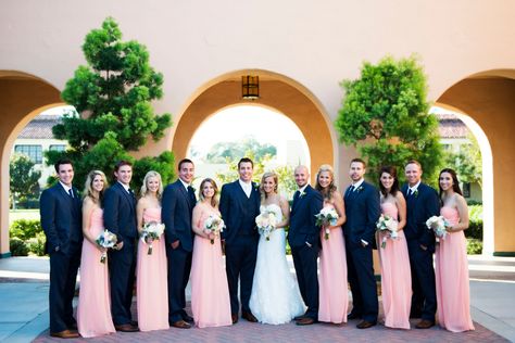 Peach and Navy Wedding Party Navy Peach Wedding, Navy Wedding Party, Brides Mate Dress, Blue Peach Wedding, Peach Blush Wedding, Navy Wedding Theme, Peach Wedding Theme, Peach Wedding Decorations, Navy Wedding Colors