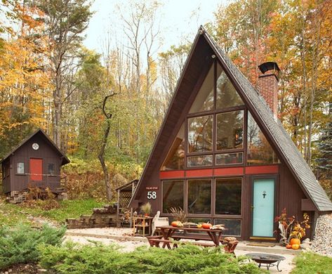 Brown A-Frame & Out Building | by Heath & the B.L.T. boys A Frame Cabins, Frame Cabin, A Frame Cabin, Tiny Cabin, A Frame House, Hus Inspiration, Cabins And Cottages, Cabin In The Woods, Cabin Life