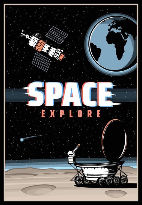 Outer space and planet explore, vector poster Exploration Aesthetic, Outer Space Posters, Lunar Rover, Space Posters, Posters Aesthetic, Vector Character Design, Vector Poster, Space Poster, Vector Character